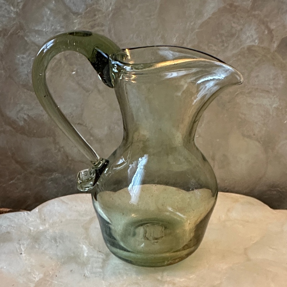 Beautiful Handblown Moss Green Glass Pitcher small 5 3/4” tall